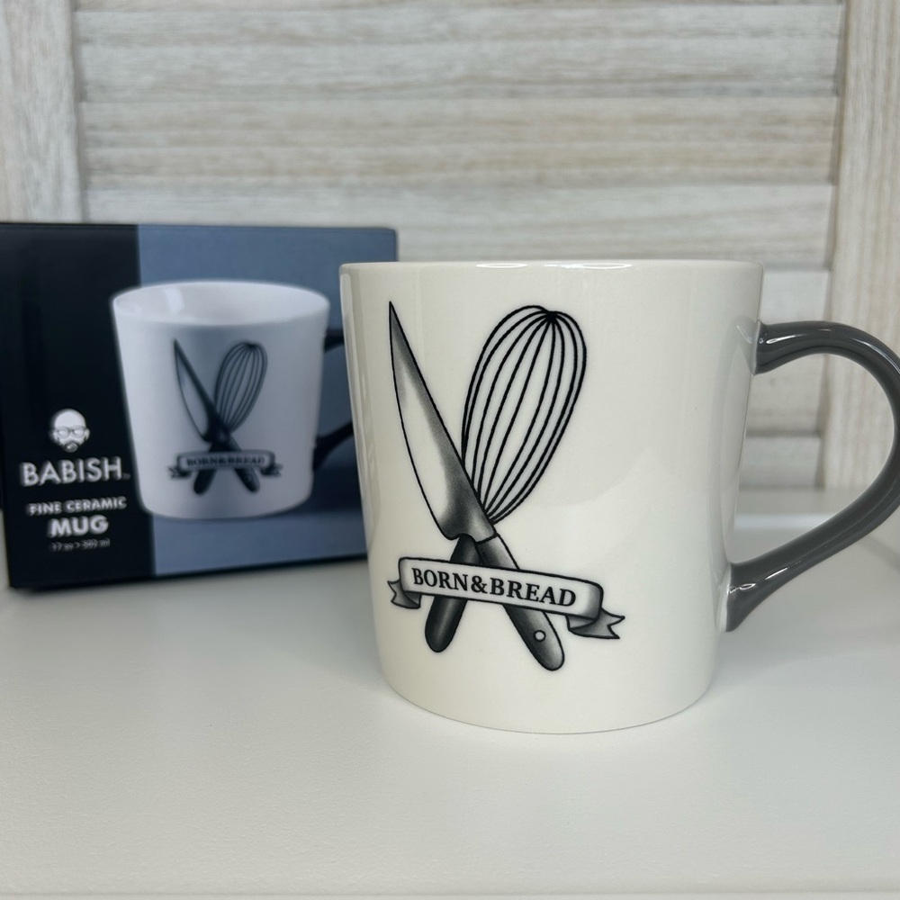 Babish Dining Born and Bread Fine Ceramic Mug Cream and Gray Tattoo Inspired New